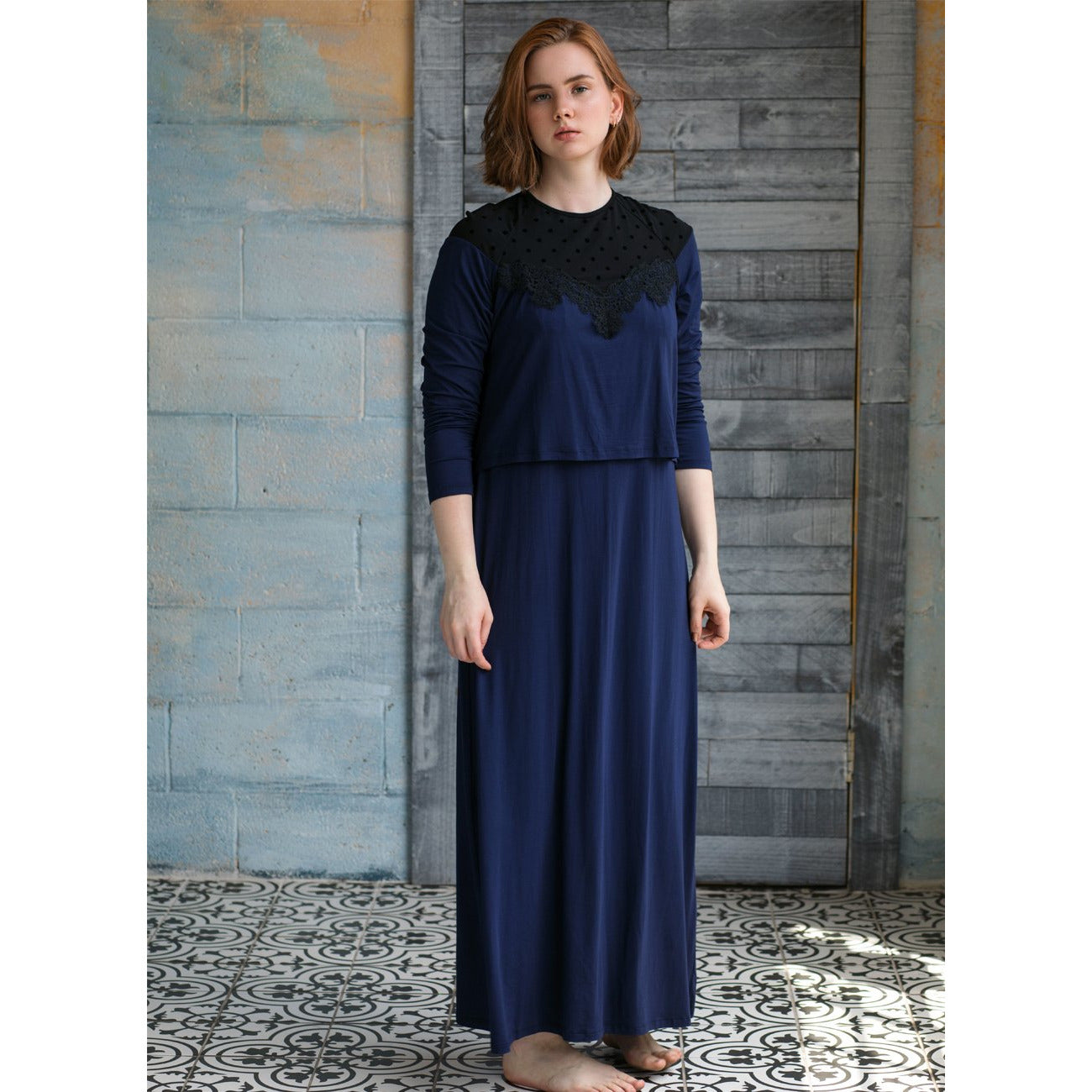 Rosella Nursing Nightgown Navy with Black Lace IDA 162N